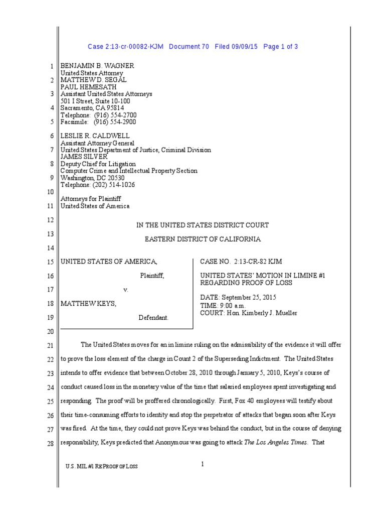 USA v. Keys Plaintiff Motions in Limine Hearsay Prosecutor