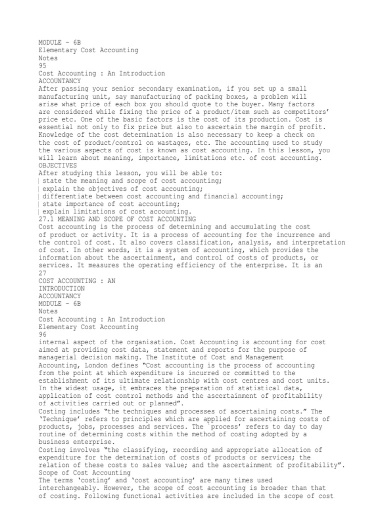 MODULE - 6B Elementary Cost Accounting Notes | PDF | Cost Accounting | Cost