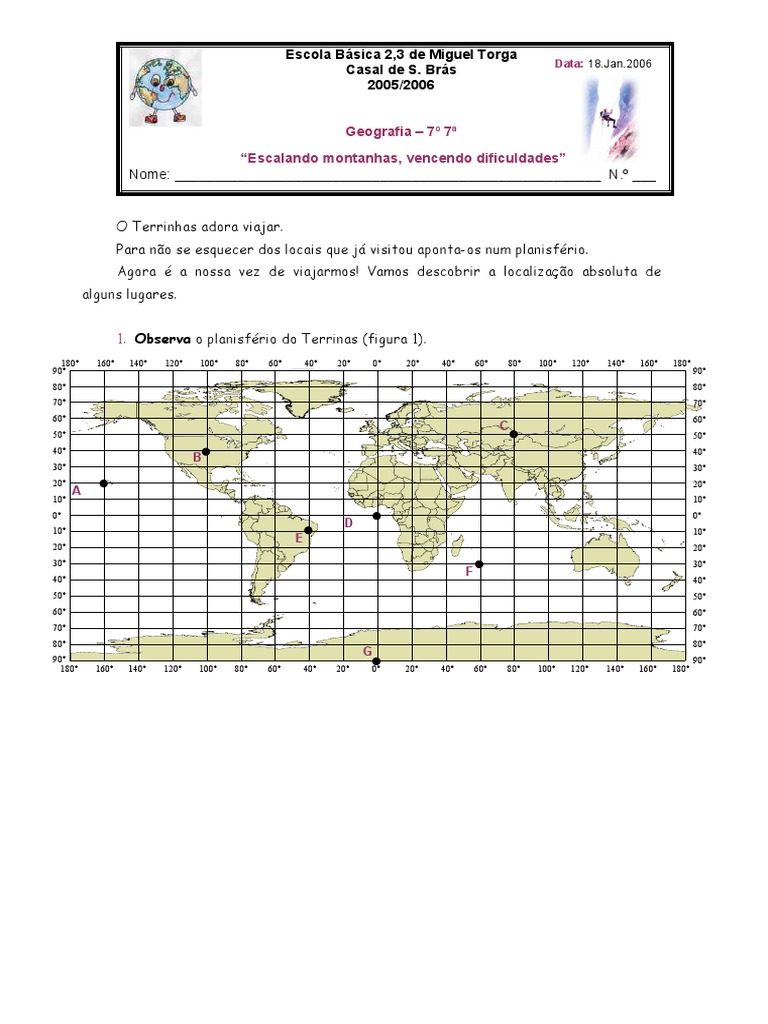 COORDENADAS GEOGRÁFICAS - FICHA DE TRABALHO | Geomática | Dados ...