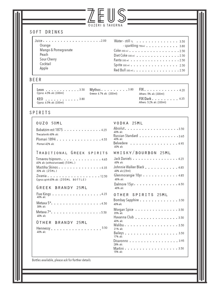 Zeus Tavern Menu Overview | PDF | Distilled Drinks | Cooking, Food & Wine