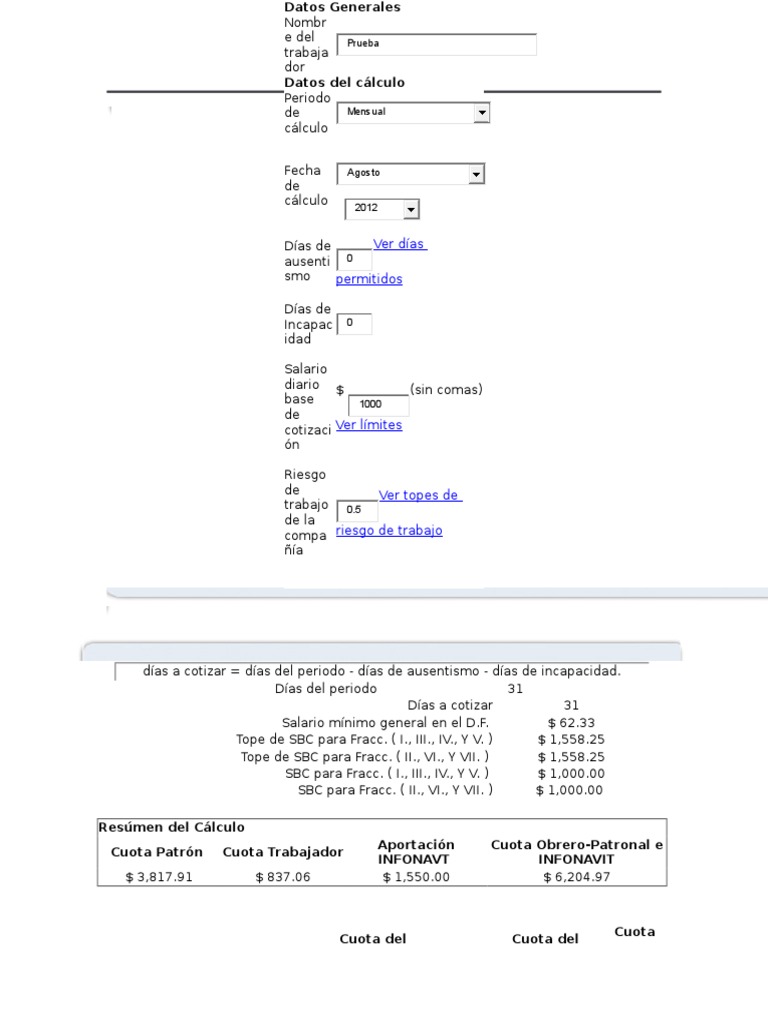 Cálculo de Cuotas IMSS e INFONAVIT | PDF | Compensación laboral ...