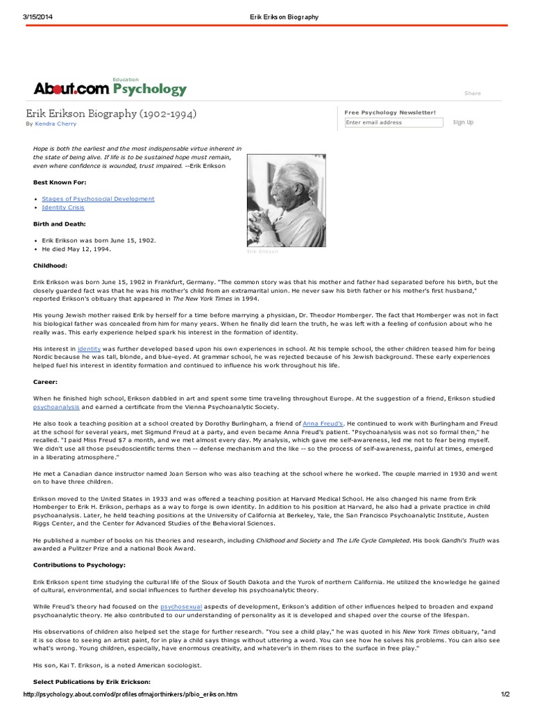 Erik Erikson Biography Psychoanalysis Behavioural Sciences