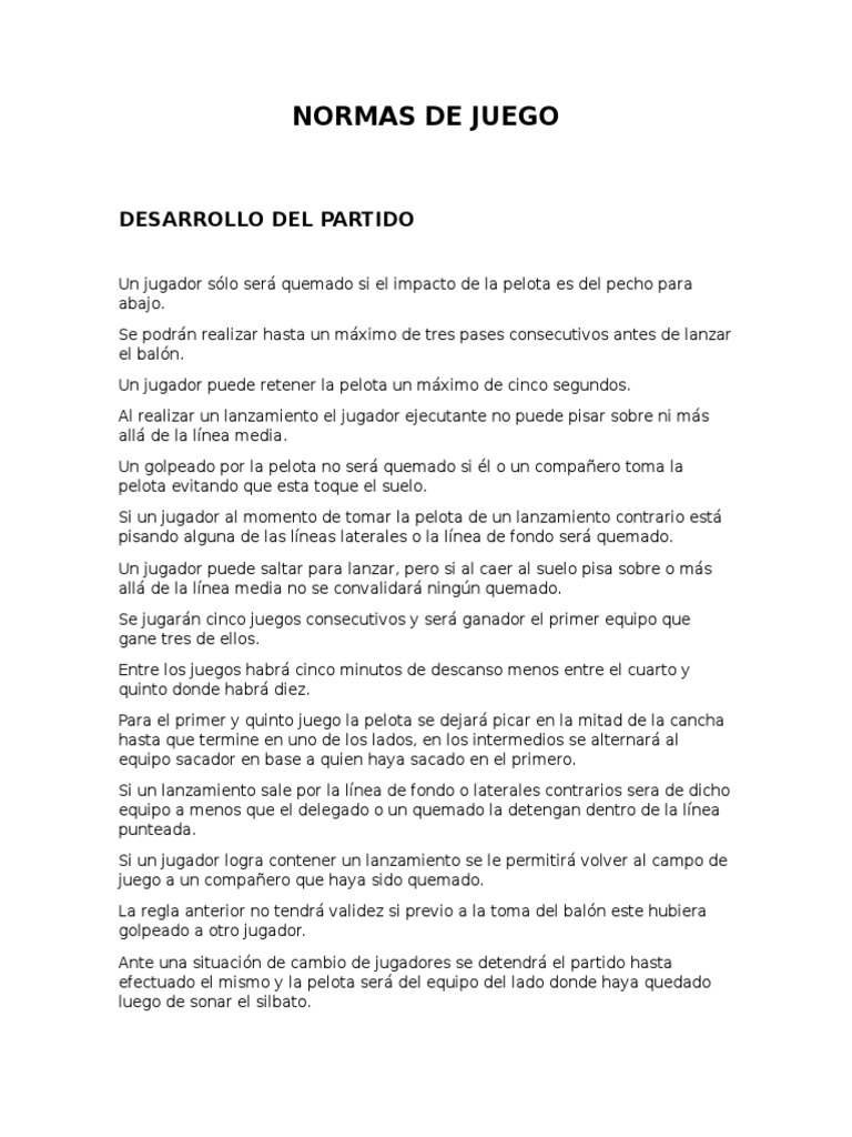 Normas de Juego Quemados