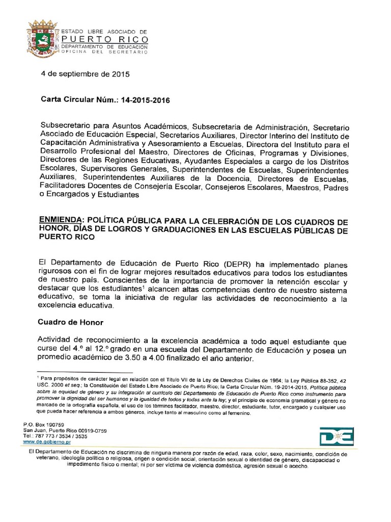 Carta Circular 1420152016 Enmienda Política Pública Para La