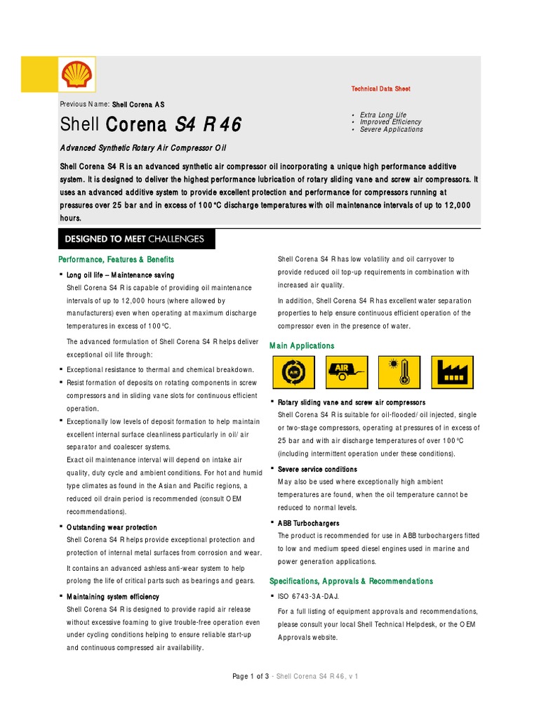 Shell Corena S4 R 46 Technical Data Sheet | PDF | Gas Compressor ...