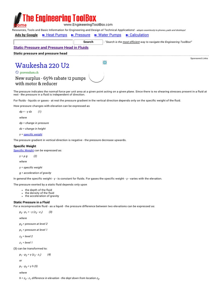 Static Pressure and Pressure Head in Fluids | PDF | Pressure ...