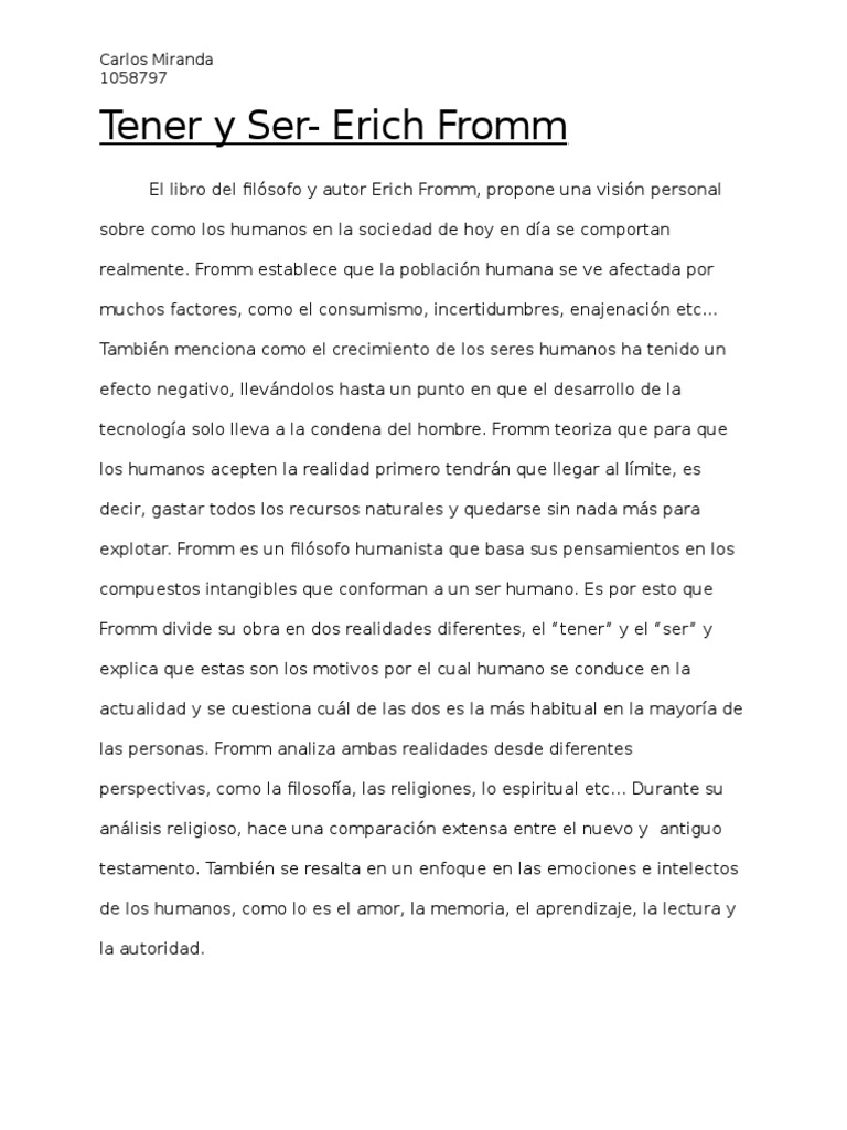 Ensayo Tener y Ser Ensayo Erich Fromm Homo Sapiens
