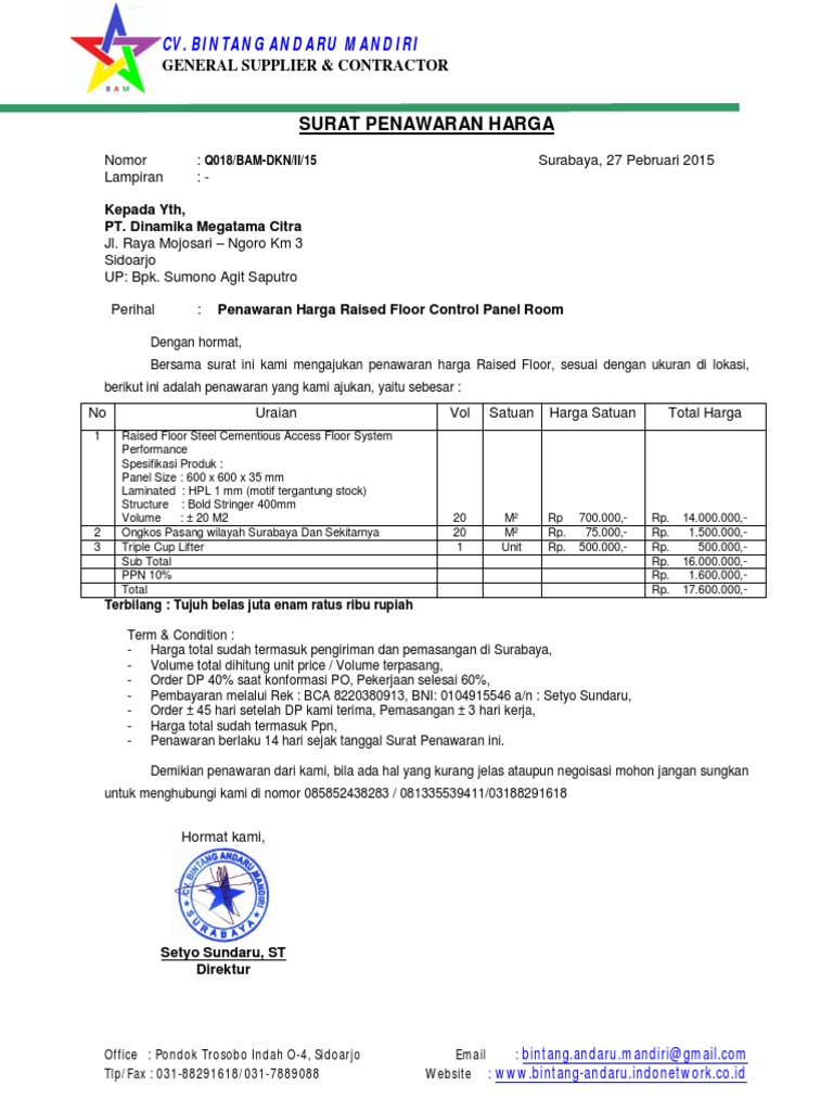 Contoh Surat Penawaran Harga Pekerjaan