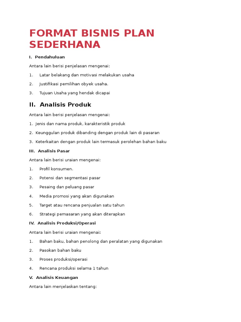 Format Bisnis Plan Sederhana