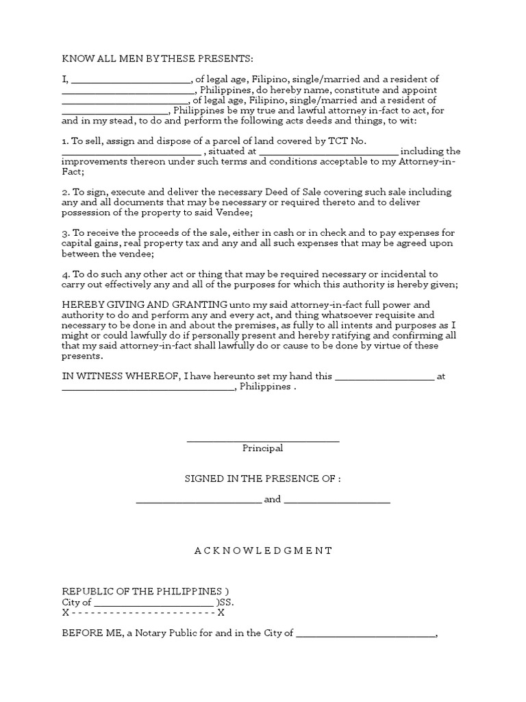 Special Power of Attorney(to Sell a Parcel of Land) Power Of Attorney