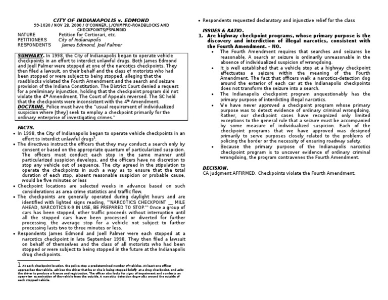 City of Indianapolis V Edmond PDF Fourth Amendment To The United