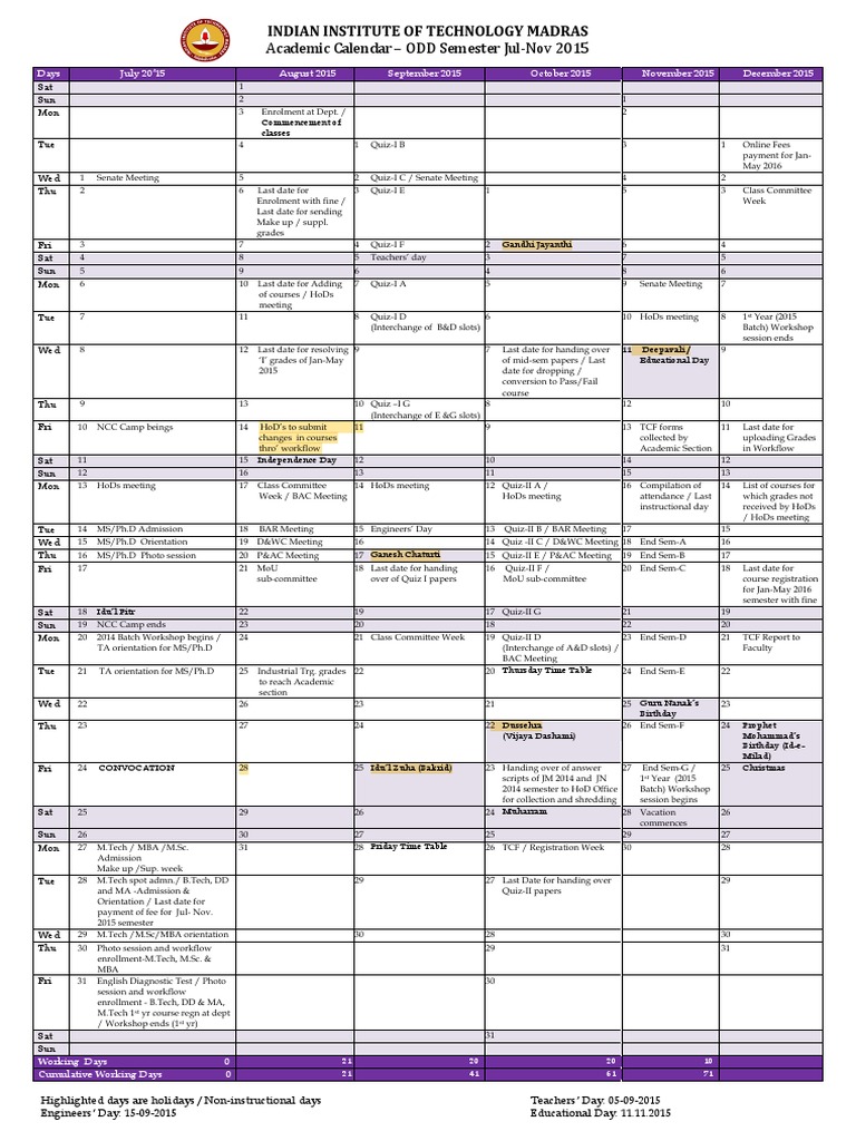 Academic Calendar for the Odd Semester of the 20152016 Academic Year