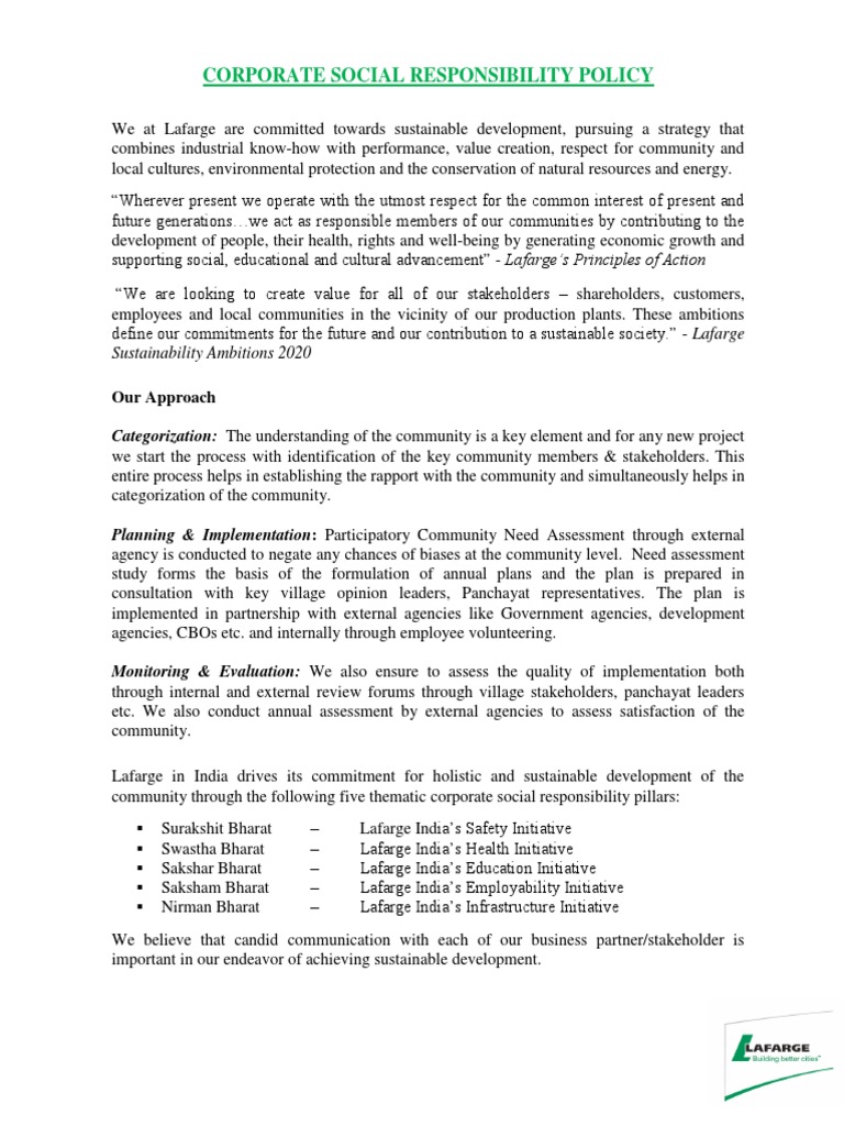 Lafarge India CSR Policy Overview | PDF | Corporate Social ...