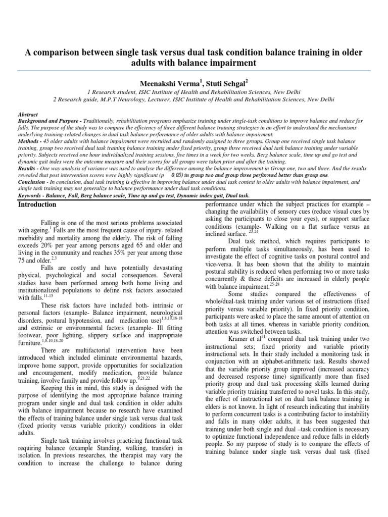 A Comparison Between Single Task Versus Dual Task Condition Balance ...