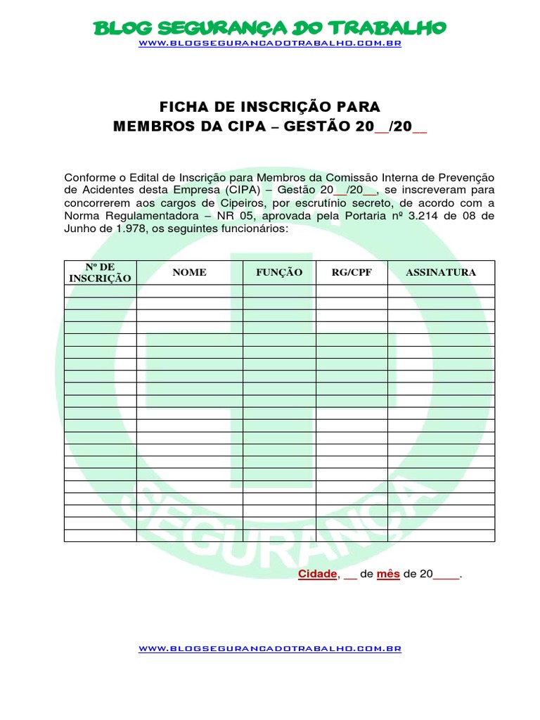 Formulário para Inspeção de Segurança - Designado Cipa