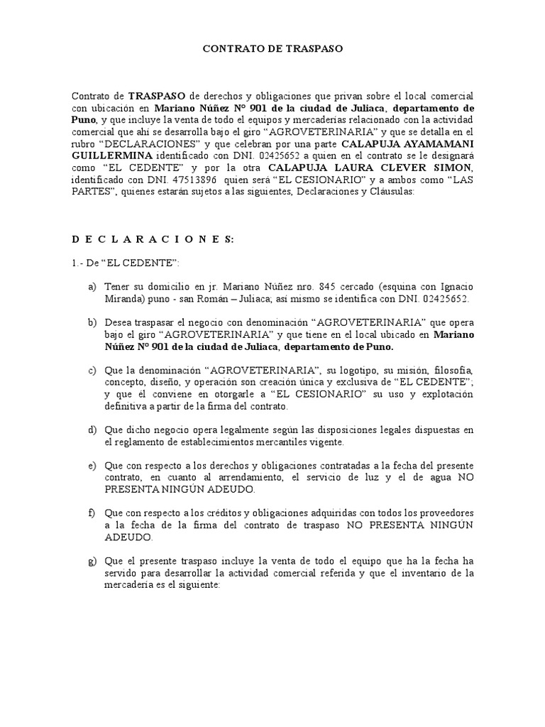 Contrato de Traspaso  Pagos