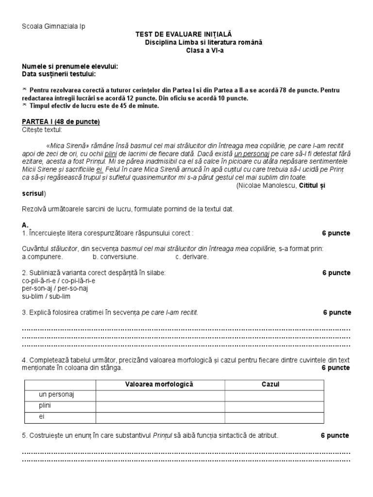 1 Test Initial Clasa A VI A | PDF