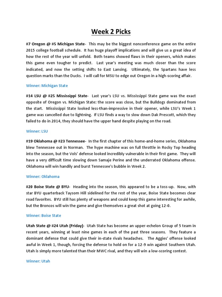 Week 2 Picks | PDF