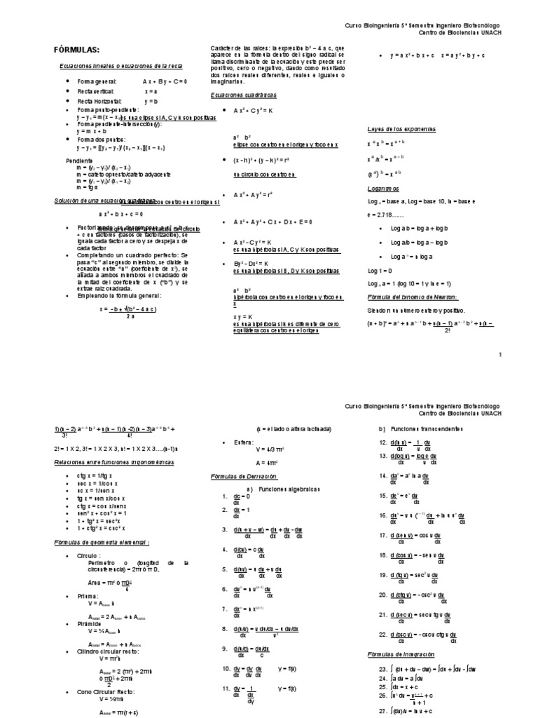 Fórmulas de Bioingeniería 5º Semestre | PDF | Derivado | Espacio