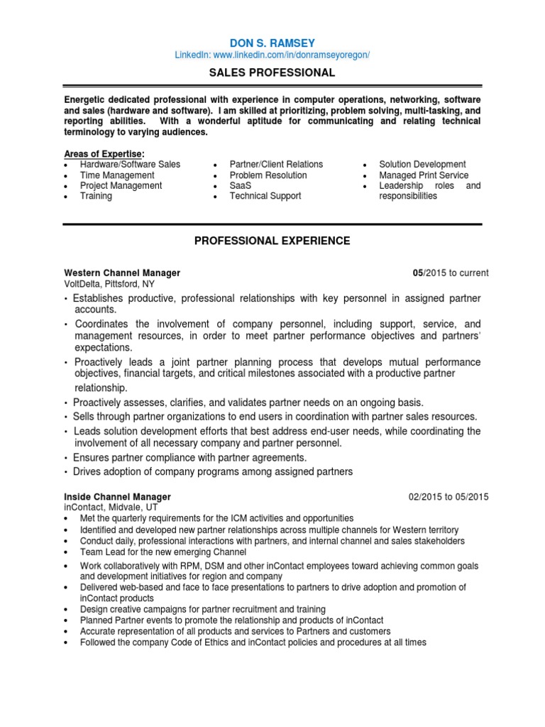 Channel Partner Manager Consultant In Portland Oregon Resume Don Ramsey PDF Technical 