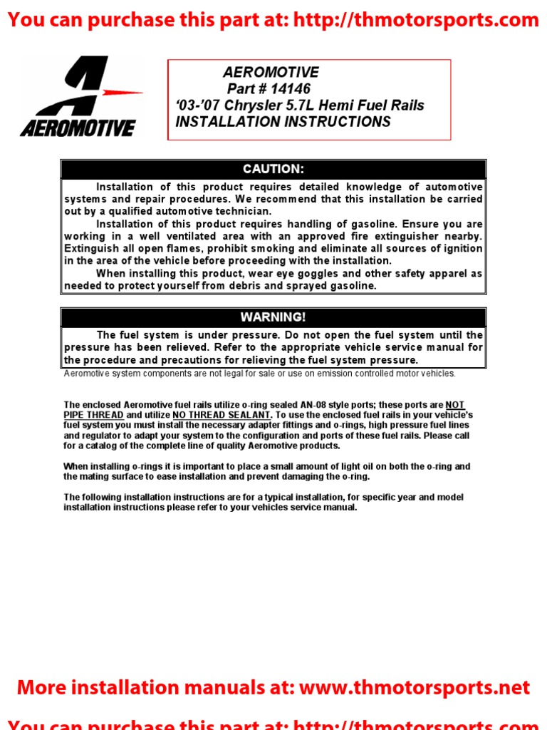 Aeromotive Part 14146, Hemi Fuel Rail Installation Instructions Fuel