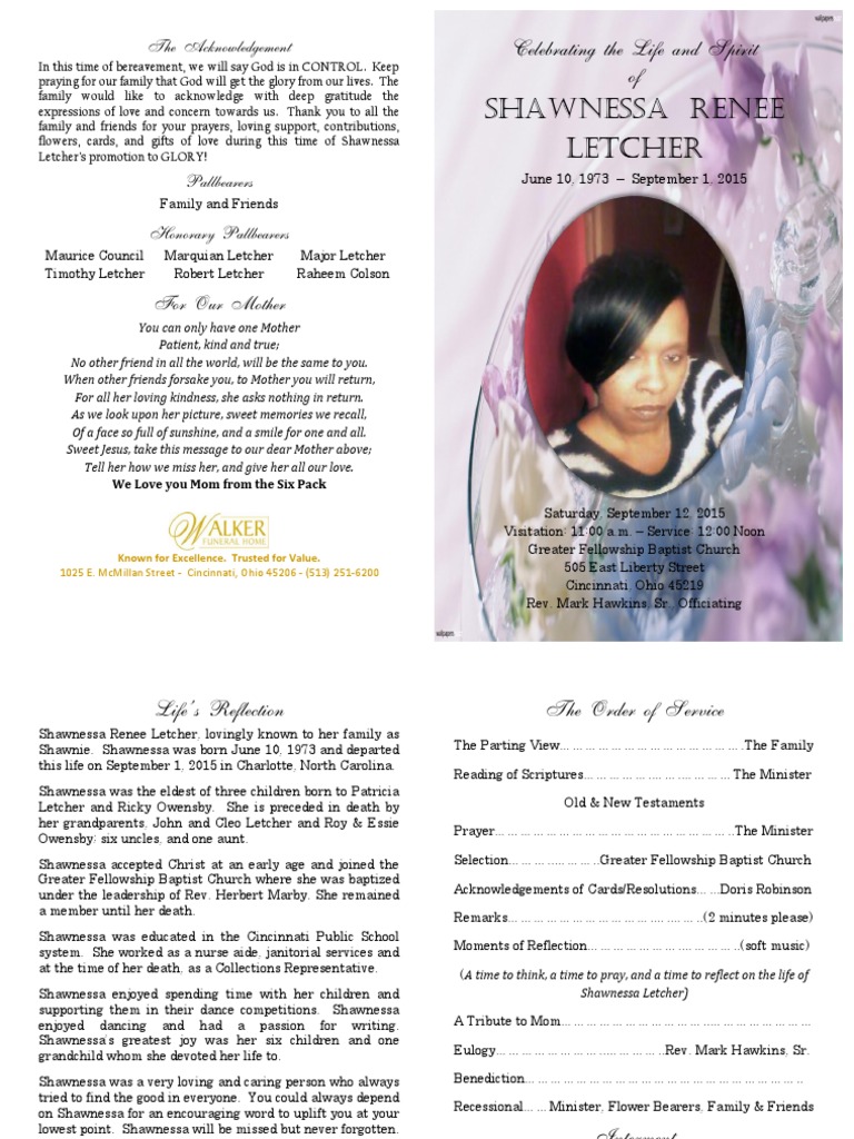Celebration of Shawnessa Letcher's Life | PDF | Funeral | Religious ...
