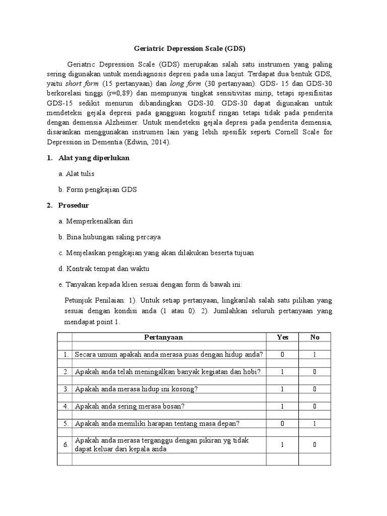 Geriatric Depression Scale (GDS) dan Interpretasinya | PDF | Karier ...