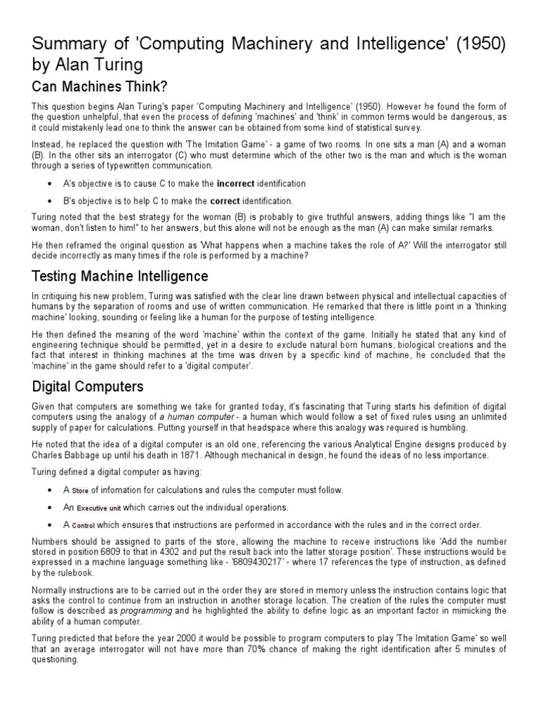 Computer Machinery and Intelligence Summary PDF Extrasensory Perception Epistemology