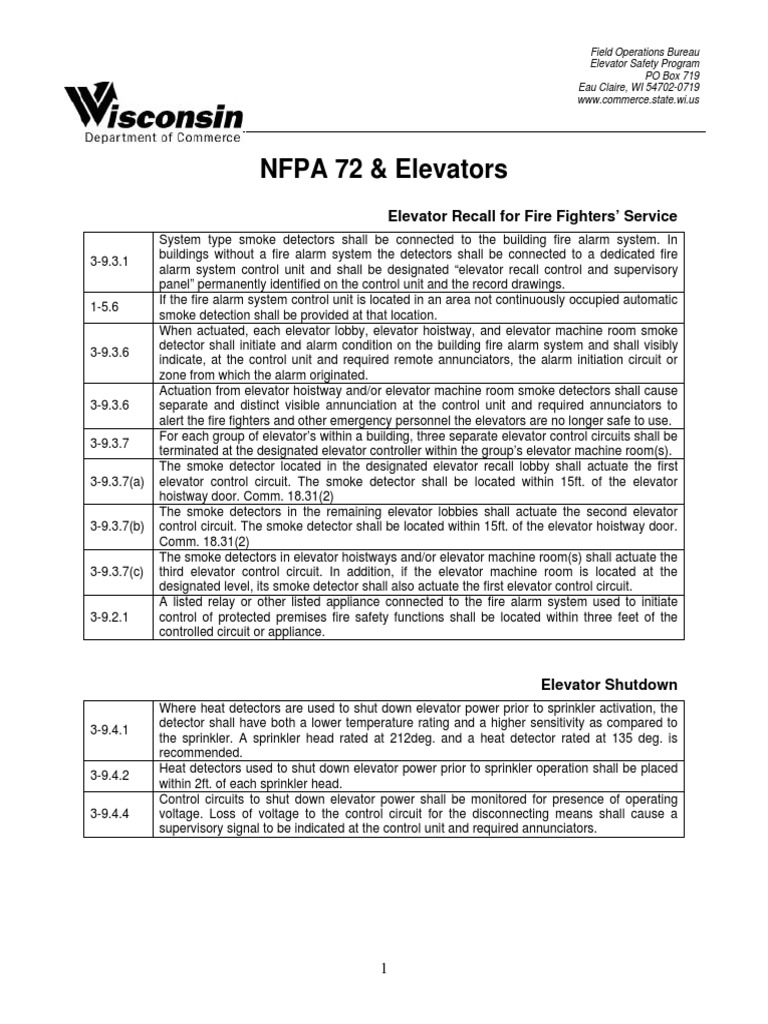 Wisconsin Elevators and NFPA 72 Elevator Fire Sprinkler System
