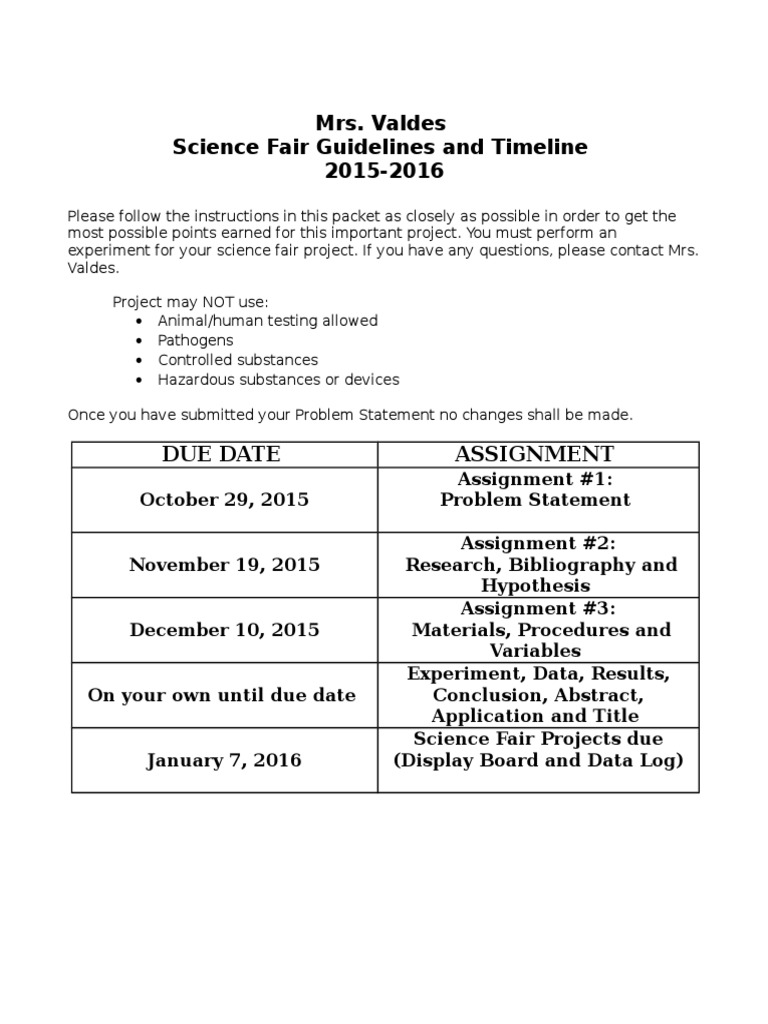 Science Fair Guidelines and Timeline 4th Scientific Method Experiment