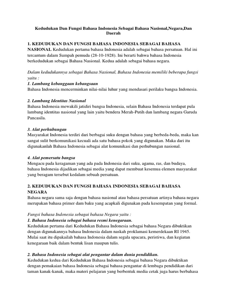 Kedudukan Dan Fungsi Bahasa Indonesia Sebagai Bahasa Nasional