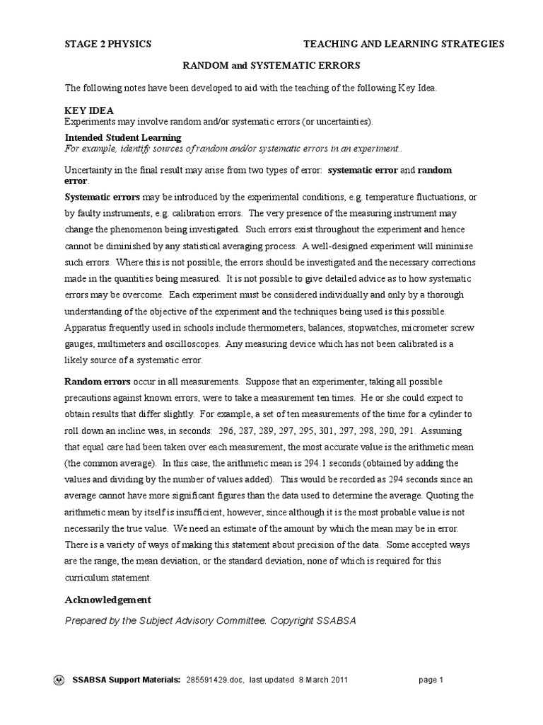 For Example Identify Sources Of Random And or Systematic Errors In An