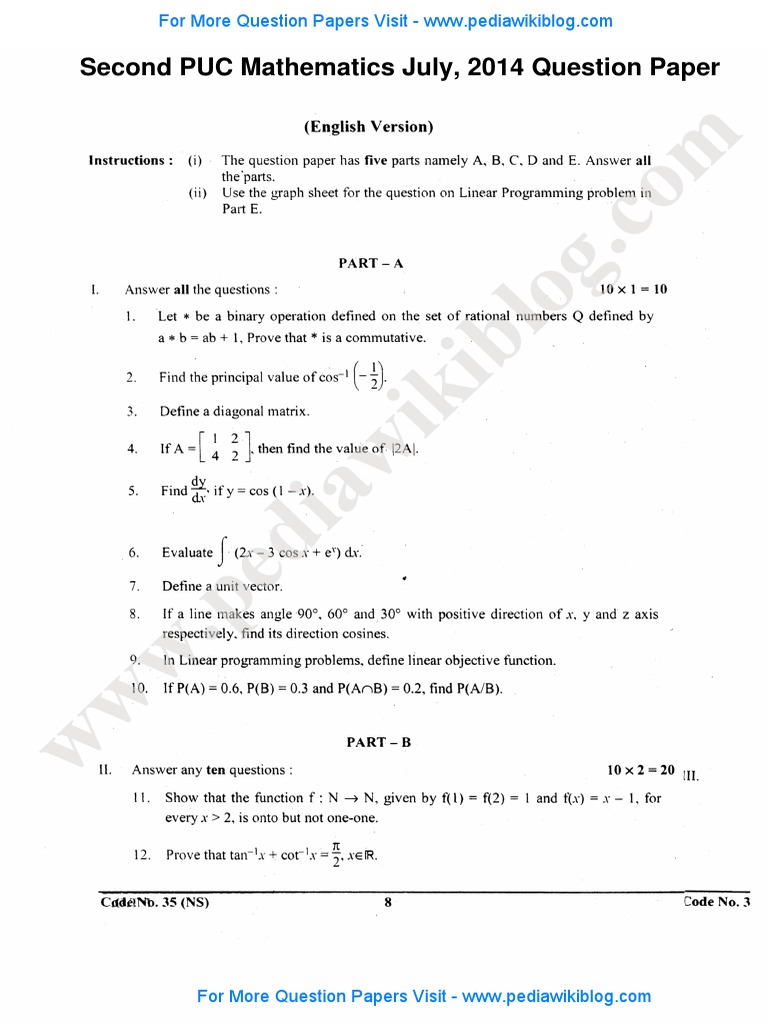 Second PUC Mathematics Question Paper | PDF | Abstract Algebra ...