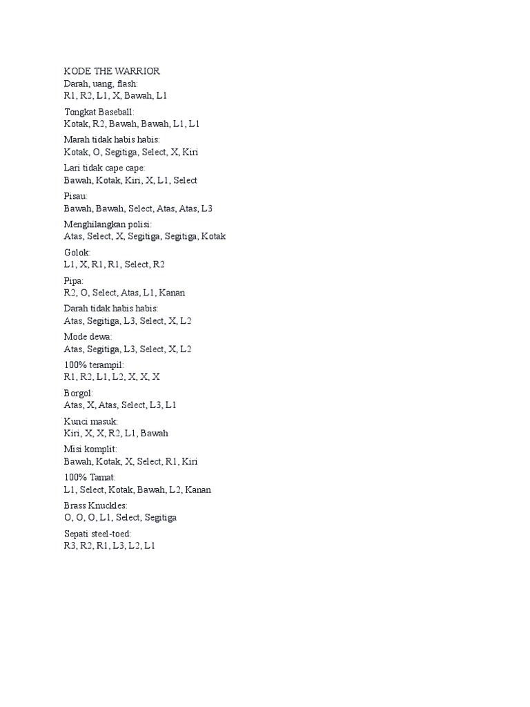 kode the warriors ps2