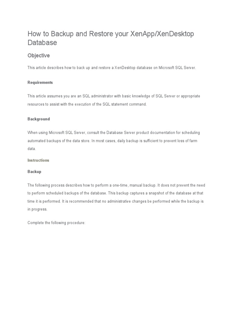 Backup and Restore XenDesktop Database | PDF | Microsoft Sql Server ...