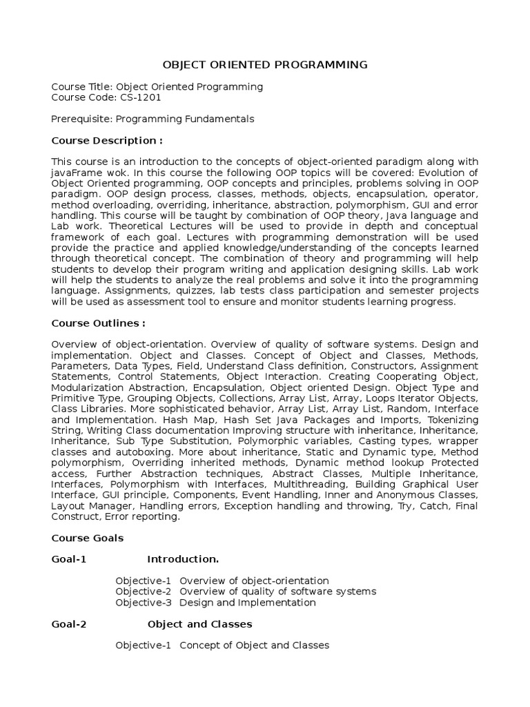 OOP Course Outline | PDF | Object Oriented Programming | Object ...