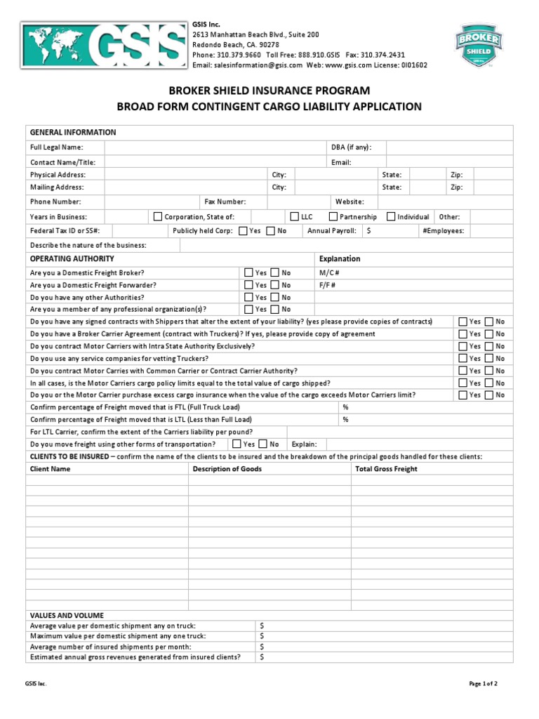 Broker Shield Broad Form Contingent Cargo Application v