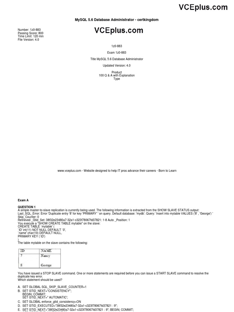 MySQL 5.6 DBA Exam Insights | PDF | Database Index | My Sql