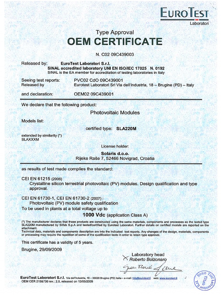 Solaris Oem Certificate By Eurotest C02
