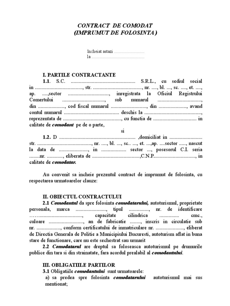 Contract de Comodat Auto 1 (Bun) Grasu Firma | PDF