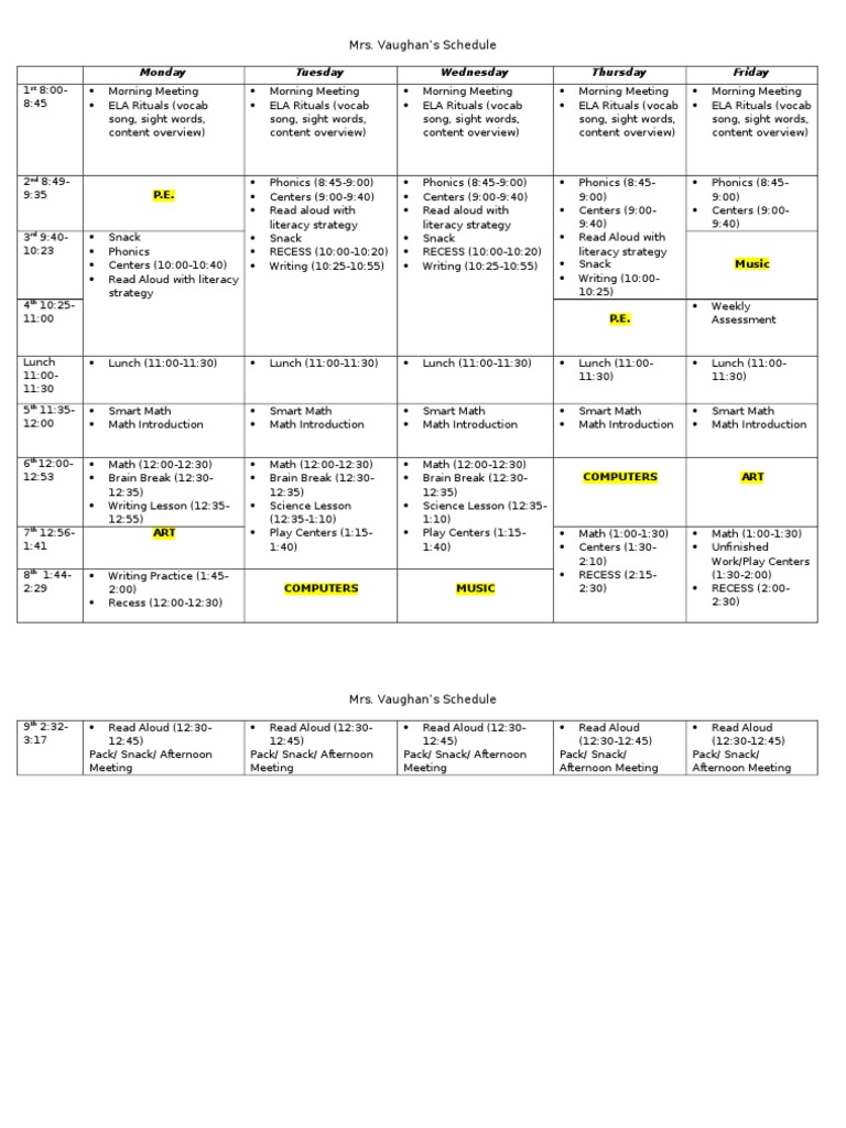 Mrs. Vaughan's Weekly Class Schedule | PDF | Language Arts & Discipline ...