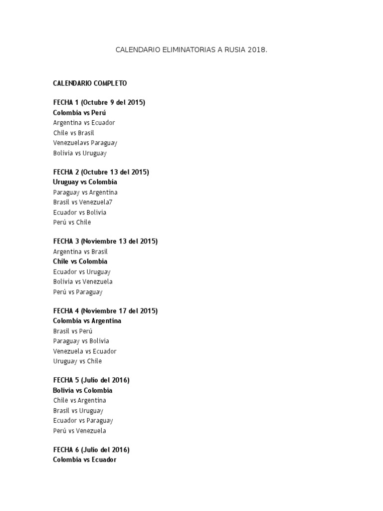 Calendario Eliminatorias A Rusia 2018