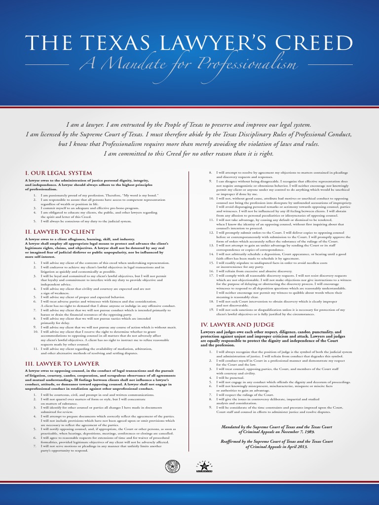 Texas Lawyers Creed Poster PDF Discovery (Law) Deposition (Law)