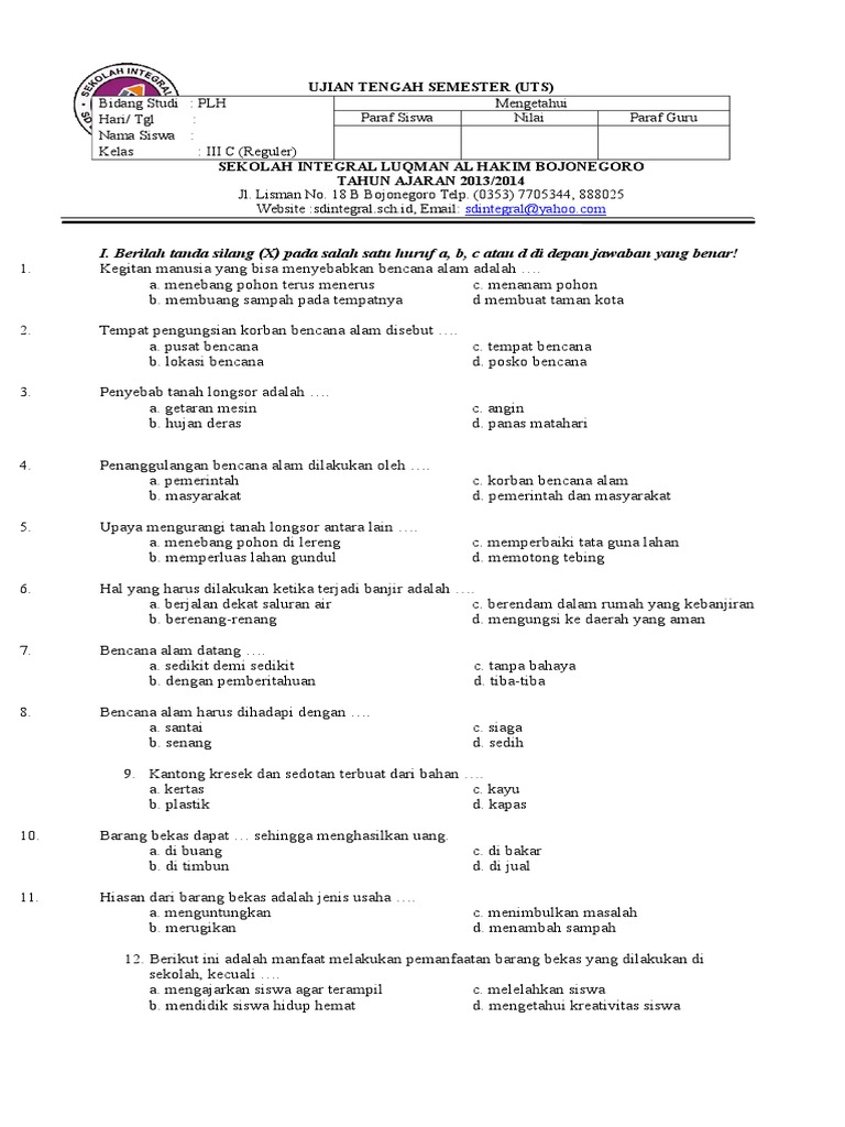 Soal Uts Plh Kelas 4 Semester 2