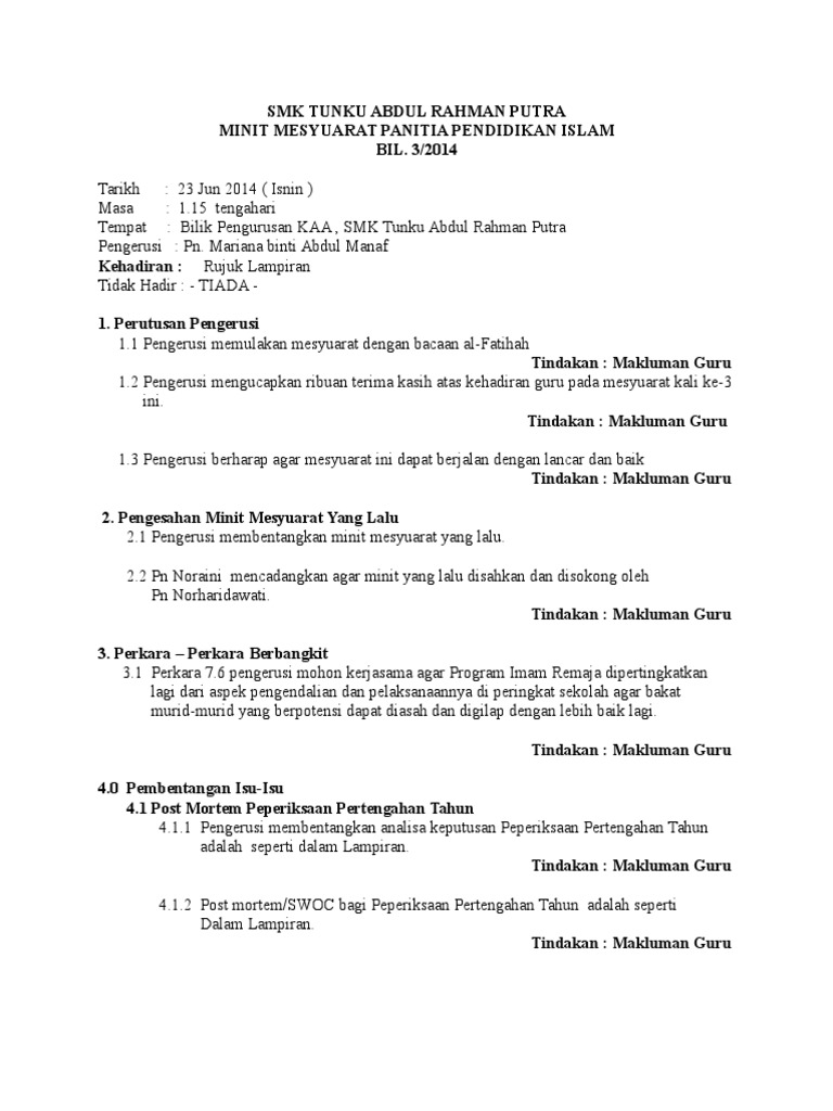Minit Mesyuarat Panitia Pi Ke 3 Tahun 2014 Pdf