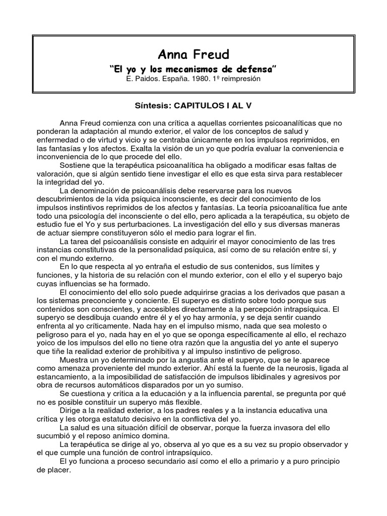 Anna Freud El Yo y Los Mecanismos de Defensa | PDF | Carné de identidad ...