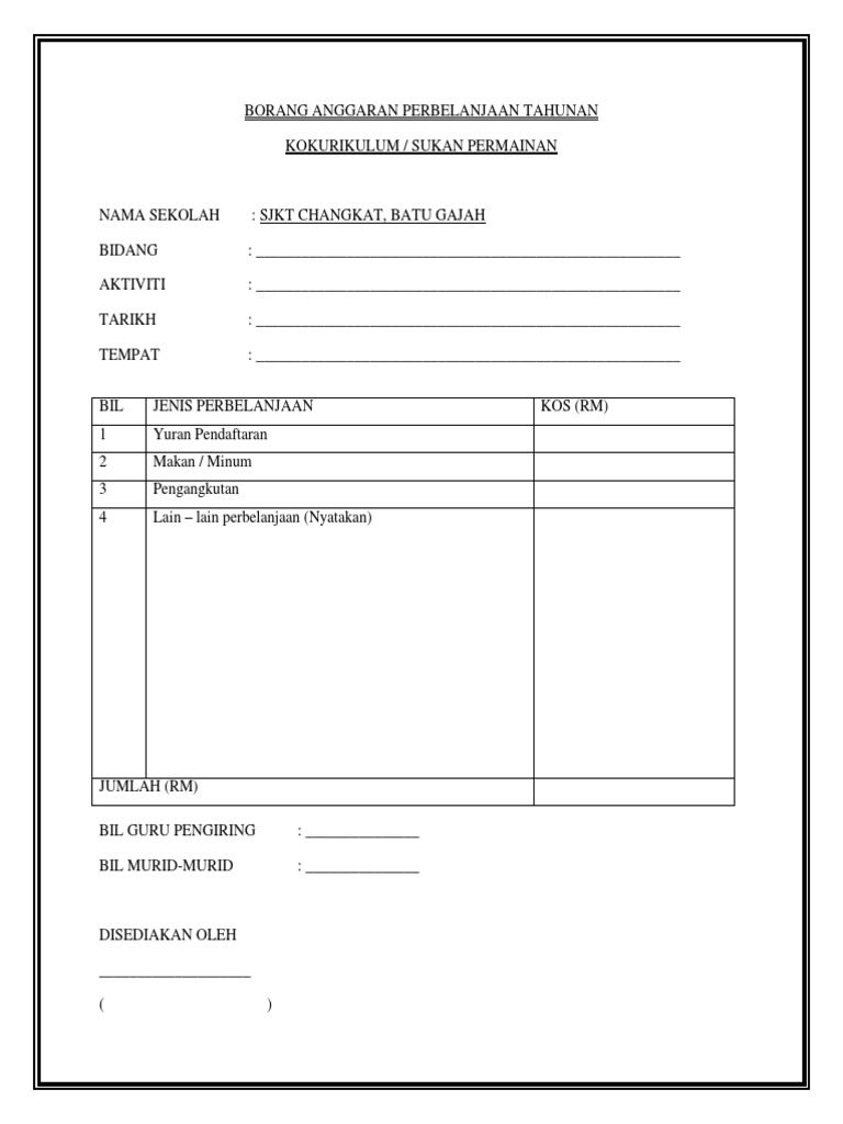 Contoh Borang Anggaran Perbelanjaan Tahunan Pdf