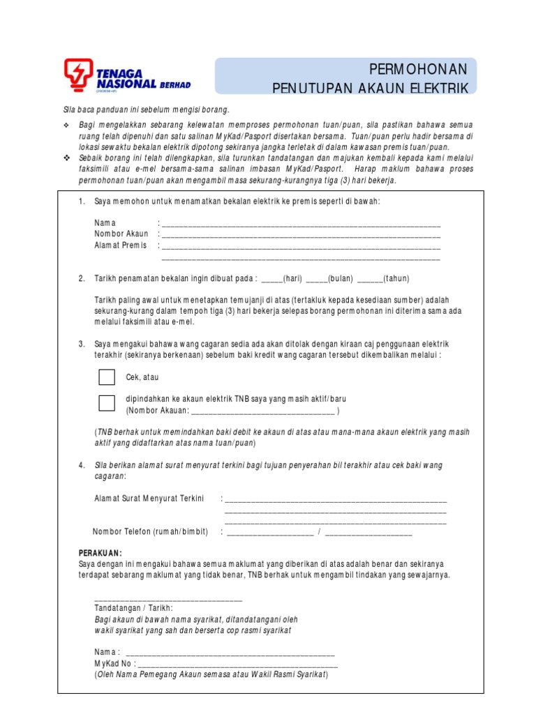 Borang Close Acoount TNB | PDF