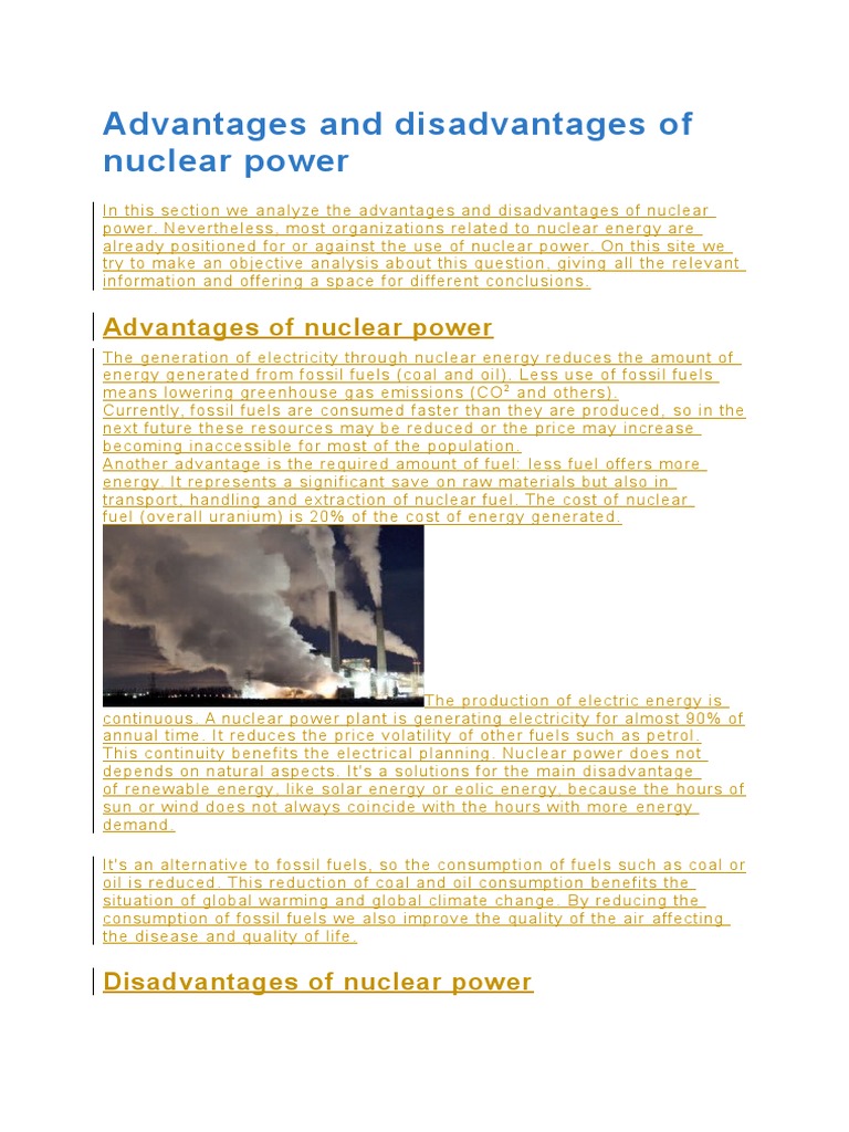 Advantages and Disadvantages of Nuclear Power Zea Nuclear Power Fuels