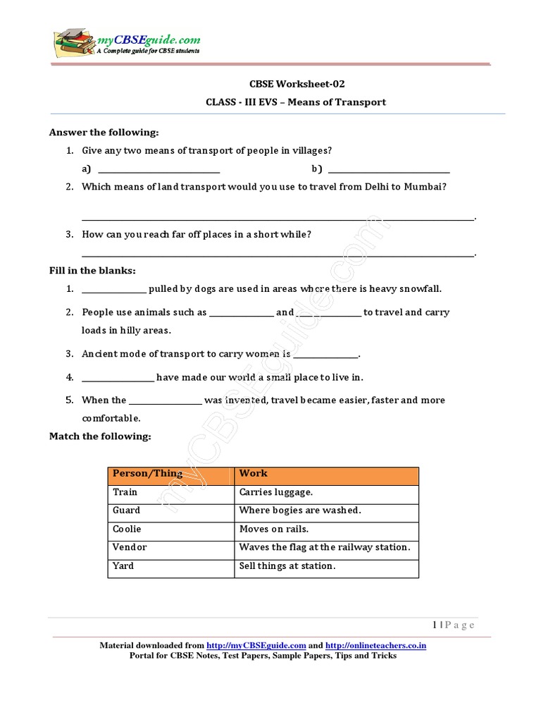 Class 3 EVS: Means of Transport Worksheet | PDF | Mode Of Transport | Train